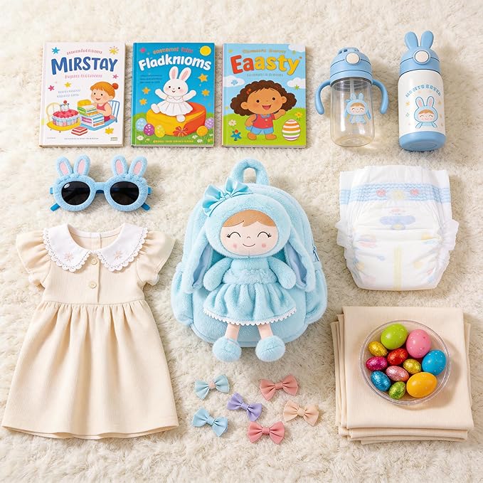 Gloveleya Back to School Gifts for Girls Toddler Backpack Kids Backpack Baby Girl Gift Plush Bag with Pure Blue Rabbit Doll Aged 2+