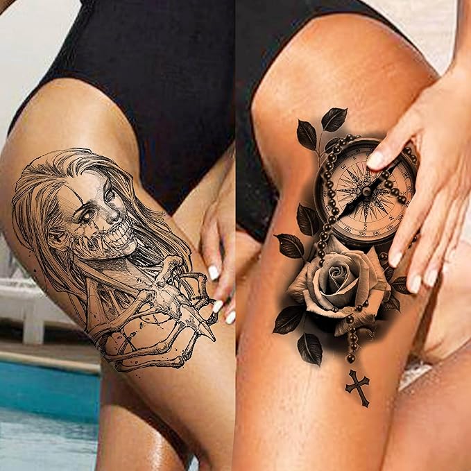 49 Sheets Tribal Black Temporary Tattoos For Women Men Adults Body Arm, Long Lasting Maori Wolf Tiger Lion Spartan Warrior Gladiator Fake Tattoo Stickers Gangster Rose Skull, Bulk Halloween Tattoos