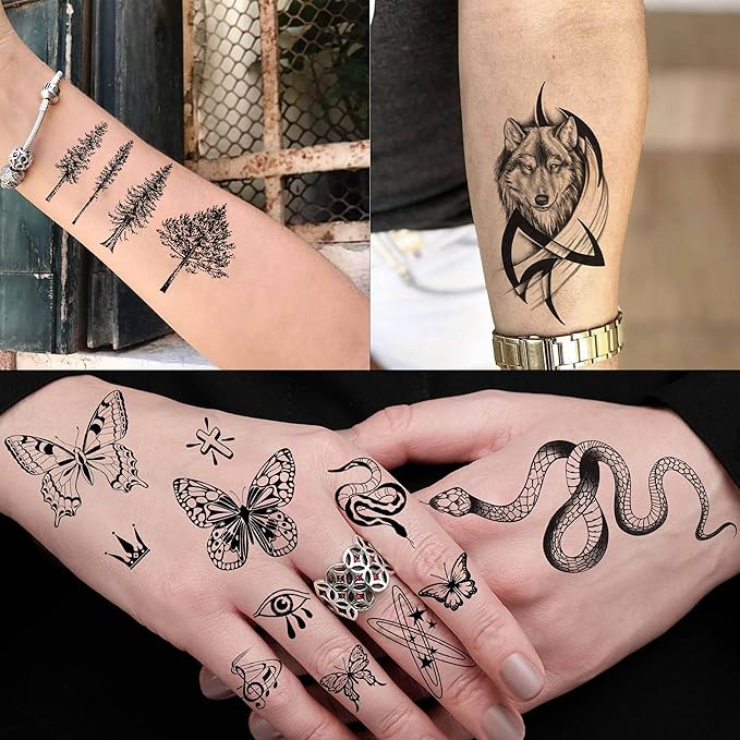 49 Sheets Tribal Black Temporary Tattoos For Women Men Adults Body Arm, Long Lasting Maori Wolf Tiger Lion Spartan Warrior Gladiator Fake Tattoo Stickers Gangster Rose Skull, Bulk Halloween Tattoos
