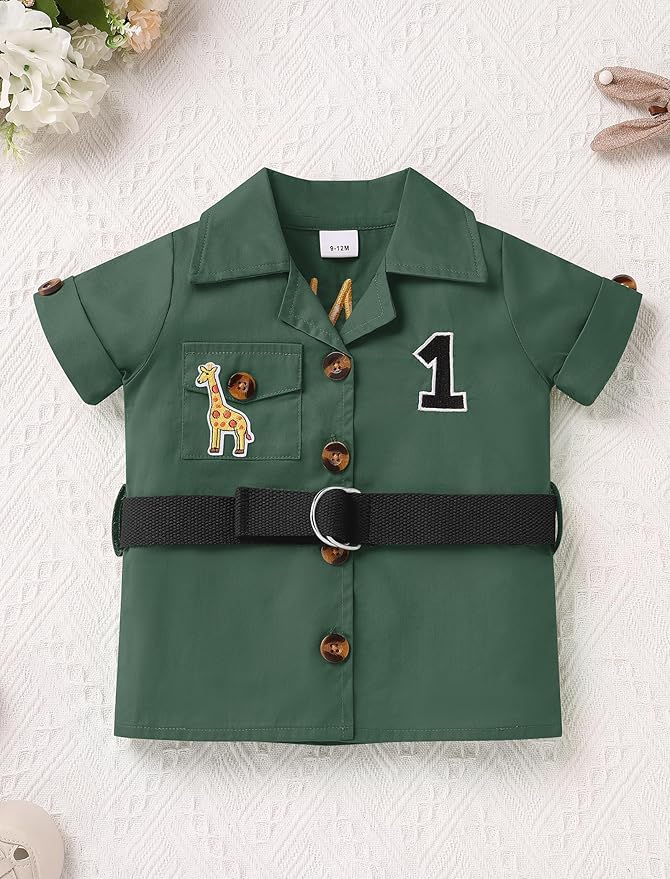 ODASDO Baby Boy Jungle Safari 1st Birthday Cake Smash Outfit Button Down Shirt + Shorts + Hat + Bandana + Belt 5pcs Set