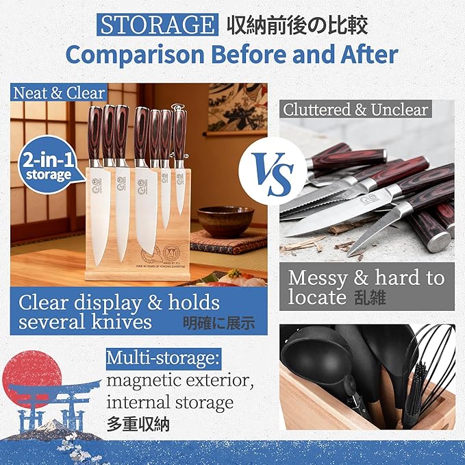 XYJ Magnetic Knife Block, Double Side Magnets, Natural Wood, Large Capacity Kitchen Storage for Knives and Utensils, Knife Holder Organizer Rack Tool without Knives