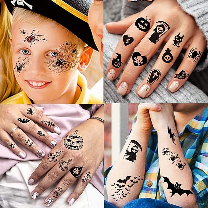 236+ PCS 45 Sheets Halloween Temporary Tattoos For Kids Zombie Makeup Kits 3D Bats Spider Web Witch Small Black Ghost Pumpkin Face Stitches Fake Scar Tattoo Stickers For Women Adult Men Skull