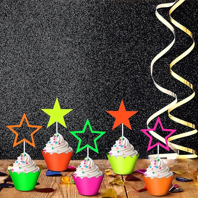 40 Pieces Glow Party Neon Party Supplies Glow Cake Toppers Neon Star Cake and Cupcake Wrappers Birthday Cupcake Pick for Glow Neon Birthday Wedding Halloween Party Black Light Reactive