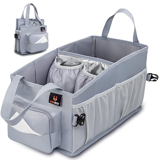 Easy-to-Reach Kids Car Organizer with Tissue Box and Cup Holder for Back Seat, Front Seat, Between Seats, Floor - Tote Car Storage Organization for Toddlers - Kids Road Trip Travel Essentials (Grey)