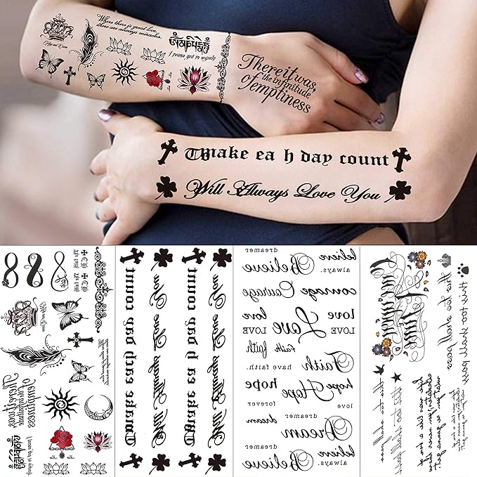 18 Sheets Black Inspired Quotes Temporary Tattoos For Women Kids Children Long Lasting Letter Alphabet Words Fake Tattoo Stickers Birds Cross ECG infinity Moon Star Neck Arm Tatoo For Men Adult