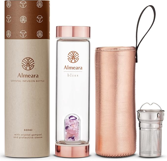 Almeara Crystal Water Bottle | Amethyst, Rose Quartz & Clear Quartz Crystals | Authentic Gemstones – Loose Leaf Tea infuser – Gem Elixir Infused Tempered Glass Water Bottle - Gift ready box - 16.9 oz