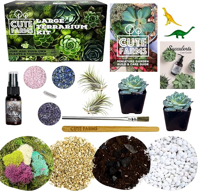 Cute Farms Terrarium Starter Kit | Moss, Vermiculite, Soil, Pebbles, Plant Food, & Finishing Tools (Large Kit + Live Plants + Crystals)