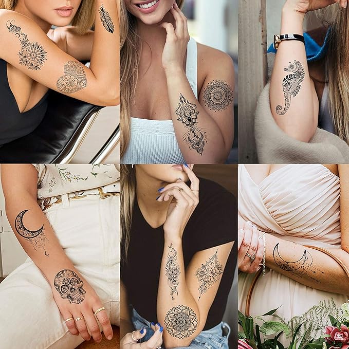 32 Sheets Sexy Black Lotus Temporary Tattoos For Women Girls Indian Tribal Lace Tatoo Sticker Neck, Mandala Flower Butterfly Rose Tattoo Temporary Dreamcatcher Elephant Henna Tattoo Kit Adults