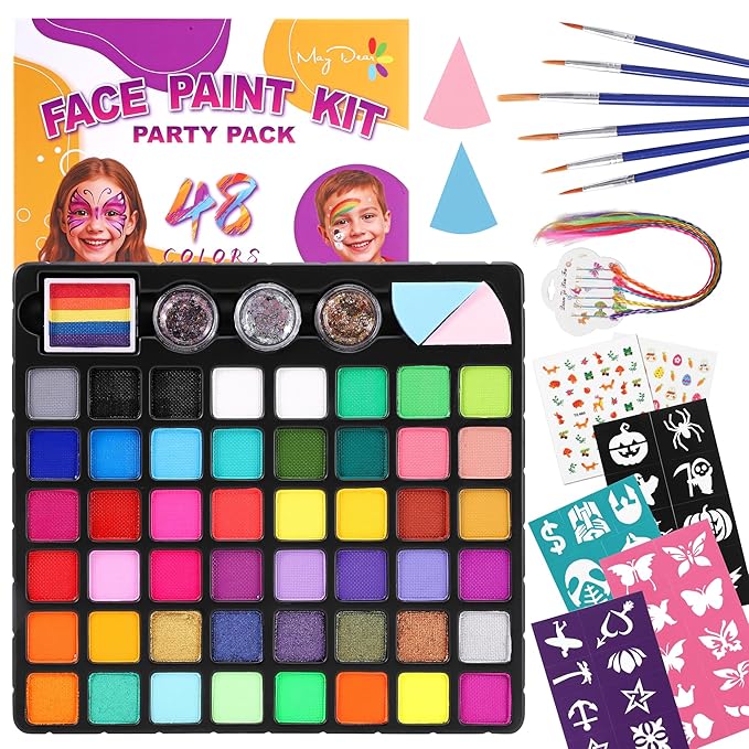 Maydear 48-Color Face Paint Kit for Kids – Washable Makeup with Neon & Metallic Shades, Brushes, Stencils, Rainbow Strip, Hair Extensions & Nail Stickers for Parties & Halloween