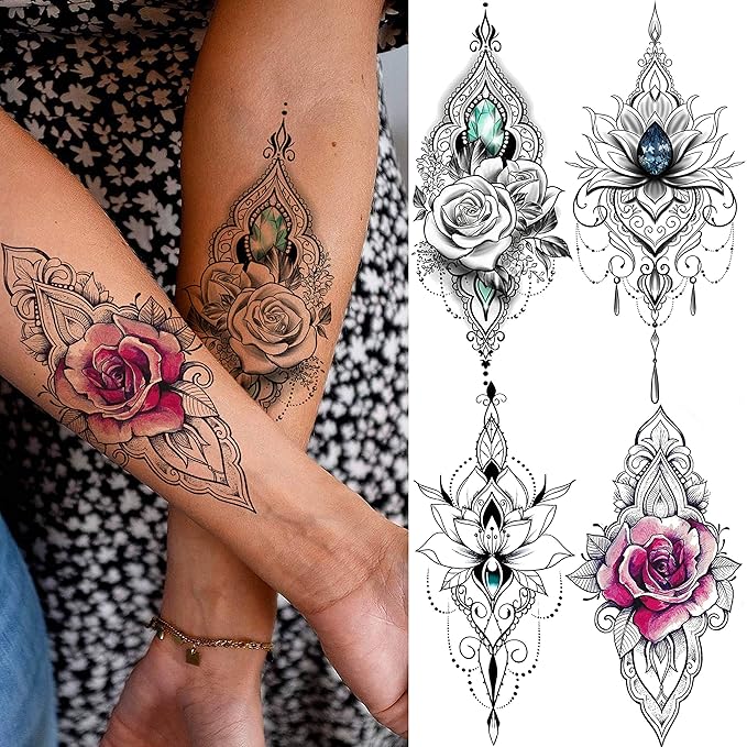 32 Sheets Sexy Black Lotus Temporary Tattoos For Women Girls Indian Tribal Lace Tatoo Sticker Neck, Mandala Flower Butterfly Rose Tattoo Temporary Dreamcatcher Elephant Henna Tattoo Kit Adults
