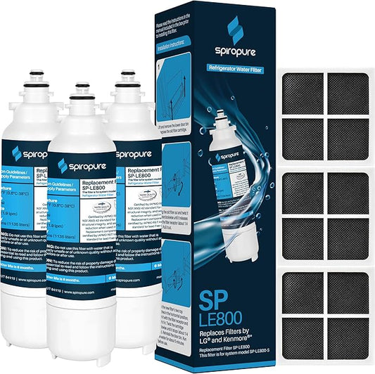 SpiroPure SP-LE800 NSF Certified Refrigerator Water Filter & SP-LE120 Fresh Air Filter Replacement for LT800P, 9490, ADQ73613401S, ADQ73613402, 46-9490 (6 Pack; 3/ea.)