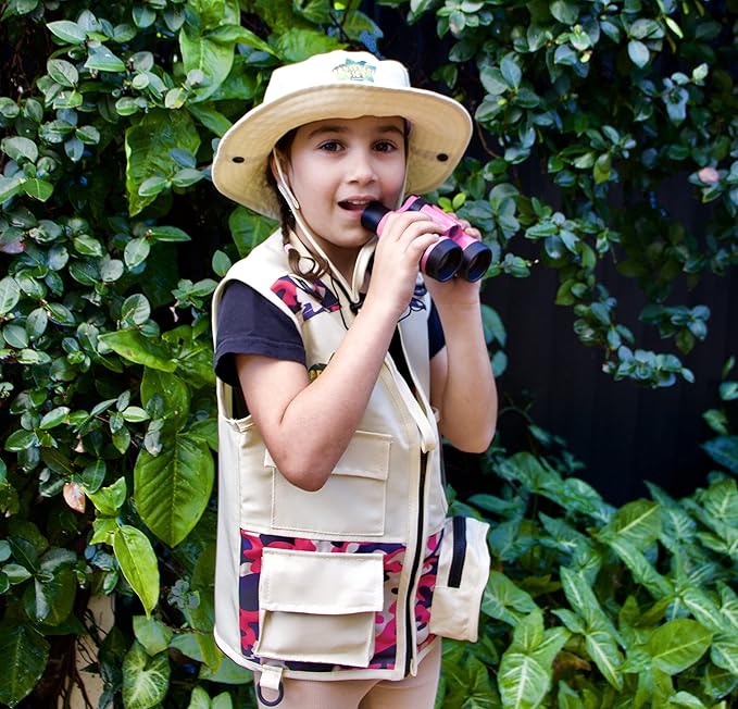 Safari Kidz Outdoor Explorer Kit - Orange and Pink Camouflage Cargo Vest and Hat Set, Backyard Nature Adventures, Washable Costume for children, Bundle (4 items)