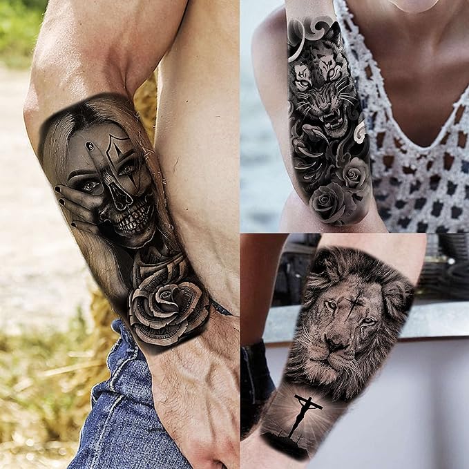 61 Sheets Realistic Skull Tiger Wolf Lion Temporary Tattoos For Women Men Arm Sleeve, 3D Halloween Temp Tattoos Adults Compass Black Rose Flower, Bulk Fake Tattoos That Look Real And Last Long