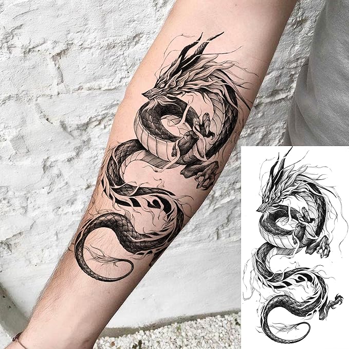 8 Sheets Cool Dragon Temporary Tattoos For Men Women Adults, Black Realistic Dragon Tattoo Sticker Half Arm Sleeve, Waterproof Tribal Totem Fake Tattoos That Look Real and Long Lasting Set Kit