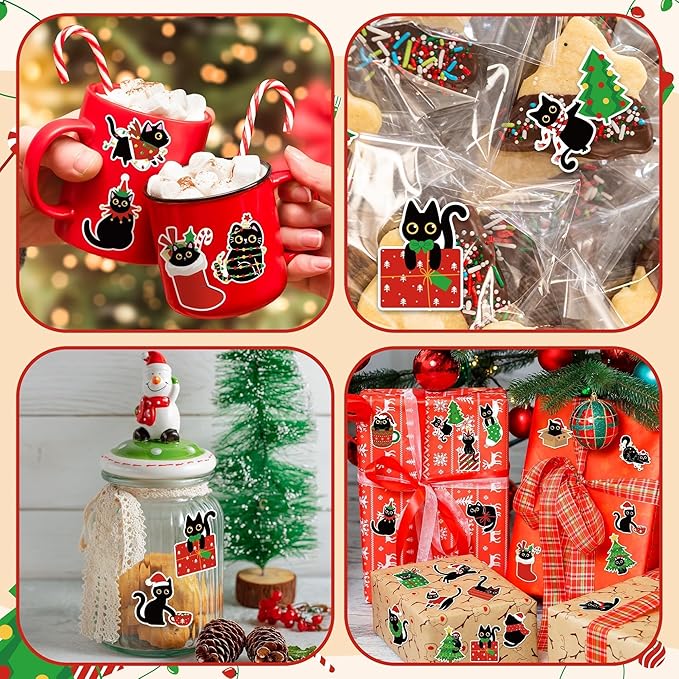 CNhoqc Christmas Black Cat Stickers - 2000Pcs (4 Rolls) Vibrant Christmas Cat Stickers Santa Hat Tree String Light Waterproof Vinyl Decals Gift Wrapping Laptop Party Supplies Travel Case Skateboards