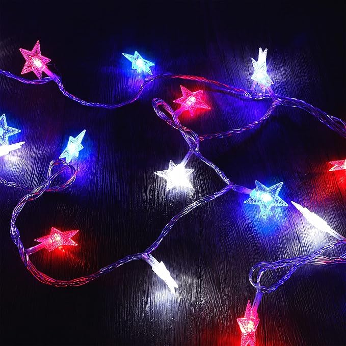 Twinkle Star 4th of July Decoration Lights, 100 LED 49FT Red White Blue Star String Lights, Plug in Fairy String Lights Waterproof, Extendable for Indoor, Outdoor, Independence Day Decor