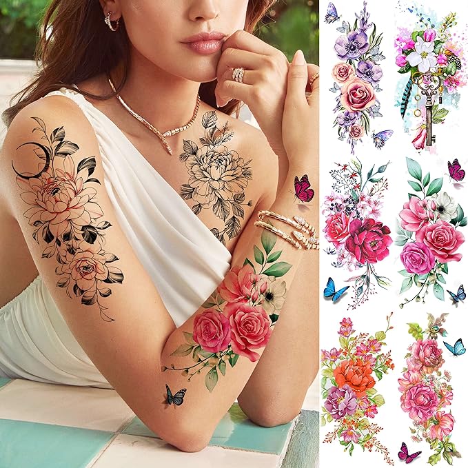 18 Sheets Sexy Flower Rose Temporary Tattoos For Women Girls Adults, Women Body Art Fake Arm Tattoo Stickers, Waterproof Moon Butterfly Black Floral Tattoo Temporary Orchid Dahlia Neck Tatoos