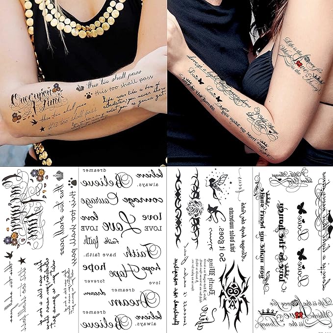 18 Sheets Black Inspired Quotes Temporary Tattoos For Women Kids Children Long Lasting Letter Alphabet Words Fake Tattoo Stickers Birds Cross ECG infinity Moon Star Neck Arm Tatoo For Men Adult