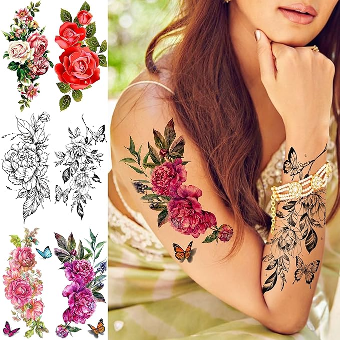 18 Sheets Sexy Flower Rose Temporary Tattoos For Women Girls Adults, Women Body Art Fake Arm Tattoo Stickers, Waterproof Moon Butterfly Black Floral Tattoo Temporary Orchid Dahlia Neck Tatoos