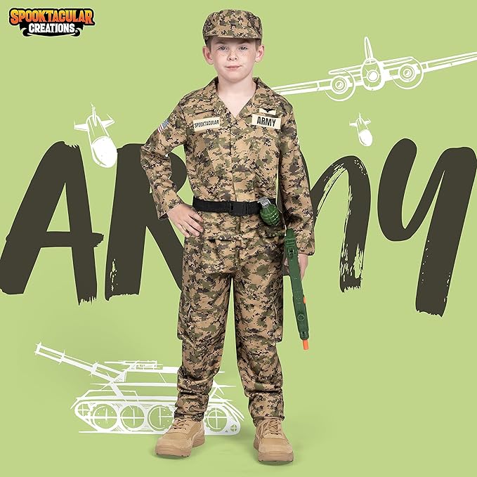 Spooktacular Creations Army Costume for Boys, Kids Military Costume, Soldier DressUp with Accessories for Halloween Roleplay
