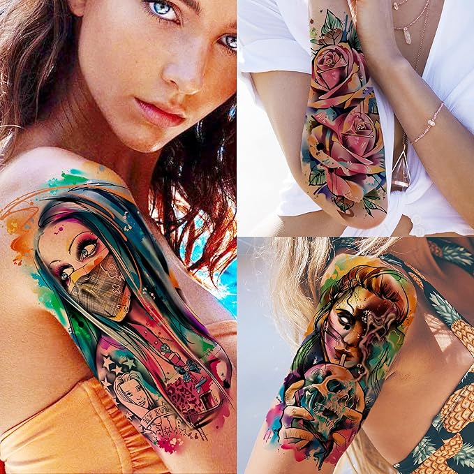 66 Sheets Watercolor Temporary Tattoos For Men Women Forearm Shoulder Legs Body Arm, 12 Sheets Long Lasting Lion Tiger Wolf Dragon Ealge Fake Tattoo Sleeve Adults, 54 Sheets Groovy Small Tatoos Kids