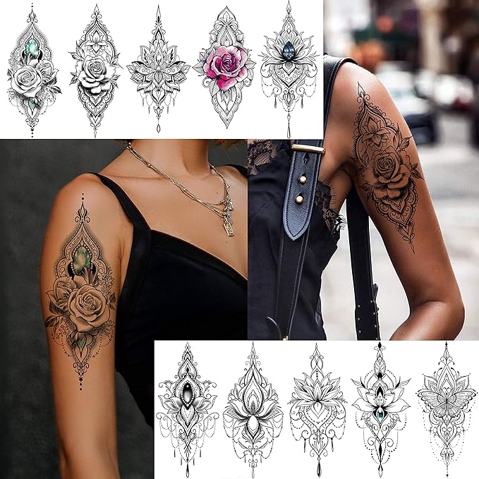 32 Sheets Sexy Black Lotus Temporary Tattoos For Women Girls Indian Tribal Lace Tatoo Sticker Neck, Mandala Flower Butterfly Rose Tattoo Temporary Dreamcatcher Elephant Henna Tattoo Kit Adults