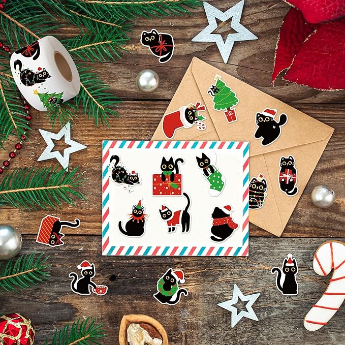 CNhoqc Christmas Black Cat Stickers - 2000Pcs (4 Rolls) Vibrant Christmas Cat Stickers Santa Hat Tree String Light Waterproof Vinyl Decals Gift Wrapping Laptop Party Supplies Travel Case Skateboards