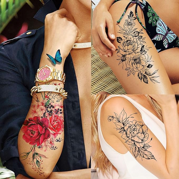 18 Sheets Sexy Flower Rose Temporary Tattoos For Women Girls Adults, Women Body Art Fake Arm Tattoo Stickers, Waterproof Moon Butterfly Black Floral Tattoo Temporary Orchid Dahlia Neck Tatoos