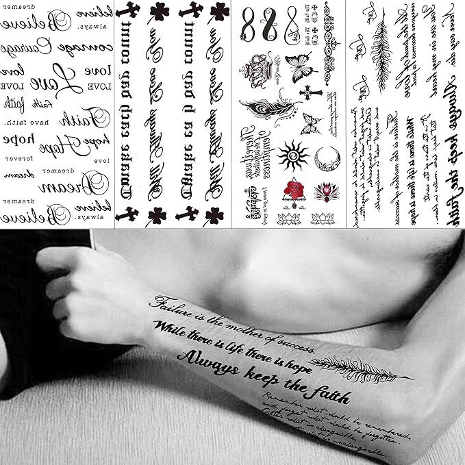 18 Sheets Black Inspired Quotes Temporary Tattoos For Women Kids Children Long Lasting Letter Alphabet Words Fake Tattoo Stickers Birds Cross ECG infinity Moon Star Neck Arm Tatoo For Men Adult