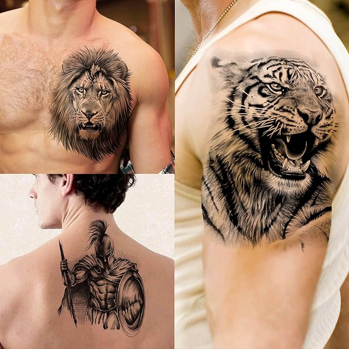 49 Sheets Tribal Black Temporary Tattoos For Women Men Adults Body Arm, Long Lasting Maori Wolf Tiger Lion Spartan Warrior Gladiator Fake Tattoo Stickers Gangster Rose Skull, Bulk Halloween Tattoos