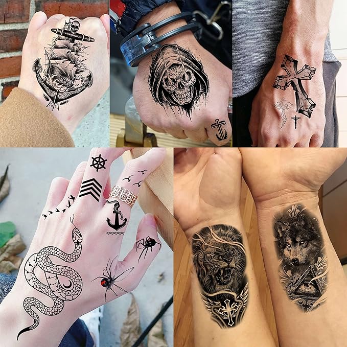 61 Sheets Realistic Skull Tiger Wolf Lion Temporary Tattoos For Women Men Arm Sleeve, 3D Halloween Temp Tattoos Adults Compass Black Rose Flower, Bulk Fake Tattoos That Look Real And Last Long