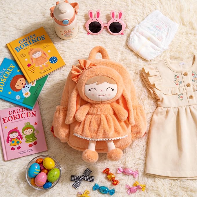 Gloveleya Back to School Gifts for Girls Toddler Backpack Plush Bag with Detachable Orange Rabbit 11 Inches Gift for Baby Girl Aged 2+