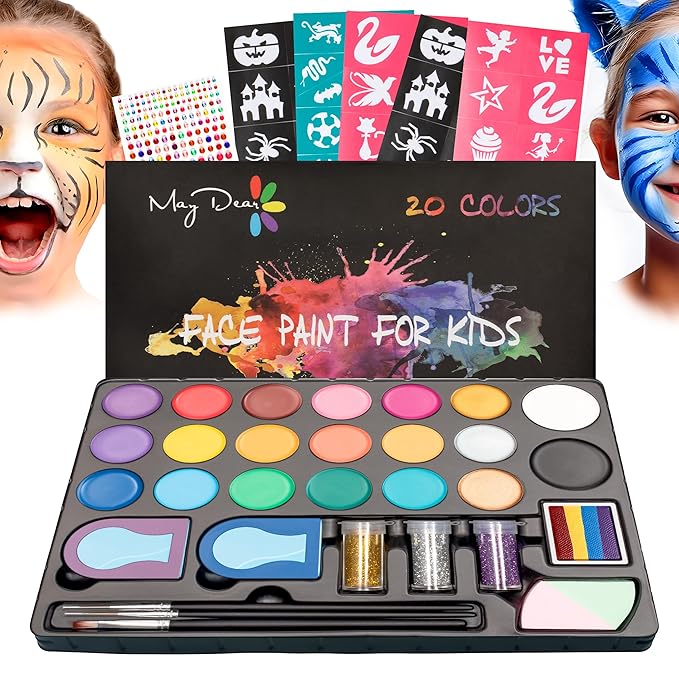 Maydear Face Painting Kit for Kids - 20 Colors Water Based Makeup Palette with Stencils, Glitters, Rainbow Split Cake, Hair Dye Clips, for Parties, Halloween, Safe Professional Body & Face Paint Kit