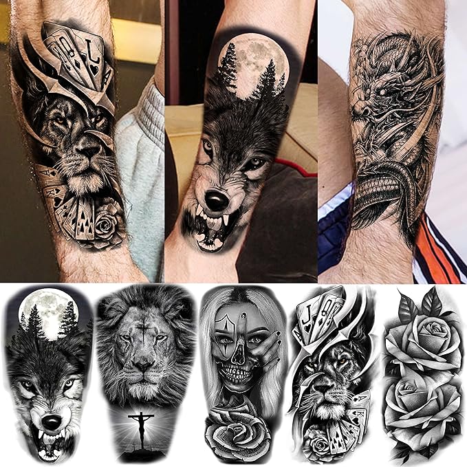 61 Sheets Realistic Skull Tiger Wolf Lion Temporary Tattoos For Women Men Arm Sleeve, 3D Halloween Temp Tattoos Adults Compass Black Rose Flower, Bulk Fake Tattoos That Look Real And Last Long
