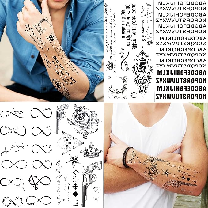 18 Sheets Black Inspired Quotes Temporary Tattoos For Women Kids Children Long Lasting Letter Alphabet Words Fake Tattoo Stickers Birds Cross ECG infinity Moon Star Neck Arm Tatoo For Men Adult