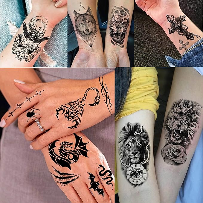 49 Sheets Tribal Black Temporary Tattoos For Women Men Adults Body Arm, Long Lasting Maori Wolf Tiger Lion Spartan Warrior Gladiator Fake Tattoo Stickers Gangster Rose Skull, Bulk Halloween Tattoos