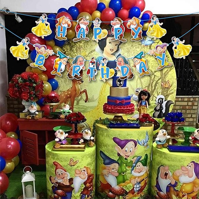 "Snow White and the Sevn Dwafs Happy Birthday Banner – Cartoon Princess Theme Birthday Party Decoration – Colorful Fairy Tale Banner for Girls Birthday Party, Photo Booth,Party Backdrop Décor"