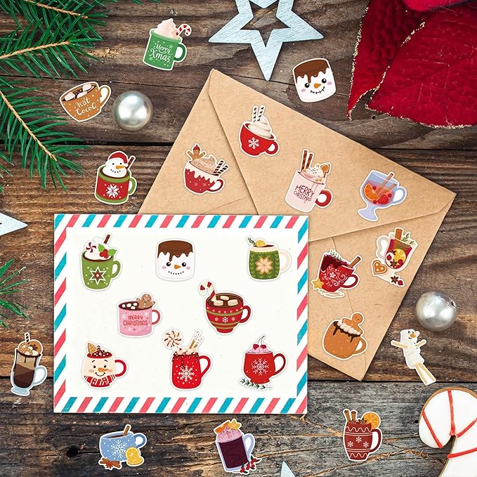CNhoqc Christmas Cocoa Sticker Rolls - 2000Pcs Winter Hot Cocoa Mug Marshmallow Waterproof Vinyl Decal Reusable Laptop Sticker Scrapbook Water Bottle Junk Journal Party Supplies Skateboard Travel Case