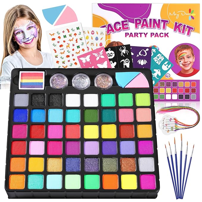 Maydear 48-Color Face Paint Kit for Kids – Washable Makeup with Neon & Metallic Shades, Brushes, Stencils, Rainbow Strip, Hair Extensions & Nail Stickers for Parties & Halloween