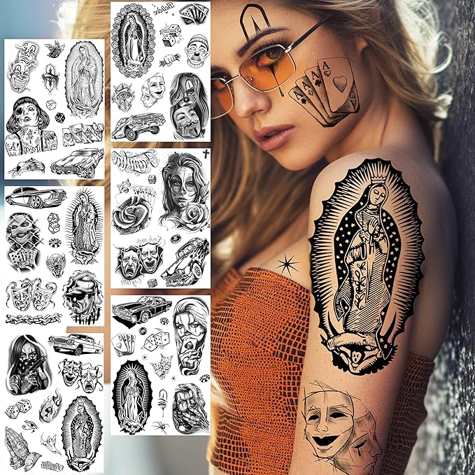 6 Sheets Large Chicano Temporary Tattoos For Men Women Adult, Chicana Guadalupe Gangster Fake Tattoos Prisoner Day of the Dead, Halloween Mexico Tattoo Stickers, Tatuajes Temporales Autocolante