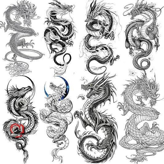8 Sheets Cool Dragon Temporary Tattoos For Men Women Adults, Black Realistic Dragon Tattoo Sticker Half Arm Sleeve, Waterproof Tribal Totem Fake Tattoos That Look Real and Long Lasting Set Kit