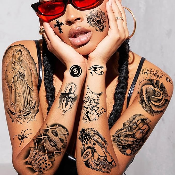6 Sheets Large Chicano Temporary Tattoos For Men Women Adult, Chicana Guadalupe Gangster Fake Tattoos Prisoner Day of the Dead, Halloween Mexico Tattoo Stickers, Tatuajes Temporales Autocolante