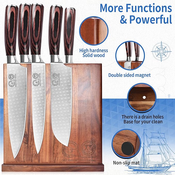 XYJ Magnetic Knife Block Holder,Double Side Magnetic Knife Stand,Acacia Wood,Extra Large Capacity Magnet Knife Storage for Knives and Utensils,Kitchen Organizer Rack Tool Without Knives
