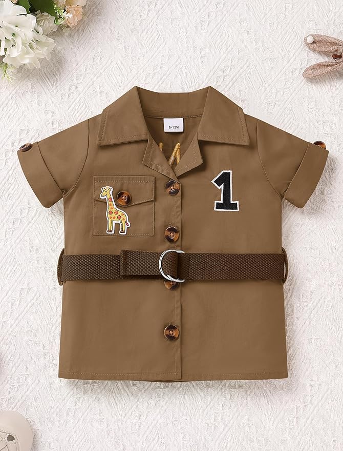 ODASDO Baby Boy Jungle Safari 1st Birthday Cake Smash Outfit Button Down Shirt + Shorts + Hat + Bandana + Belt 5pcs Set