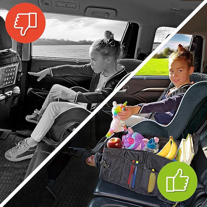 Easy-to-Reach Kids Car Organizer with Tissue Box and Cup Holder for Back Seat, Front Seat, Between Seats, Floor - Tote Car Storage Organization for Toddlers - Kids Road Trip Travel Essentials (Grey)