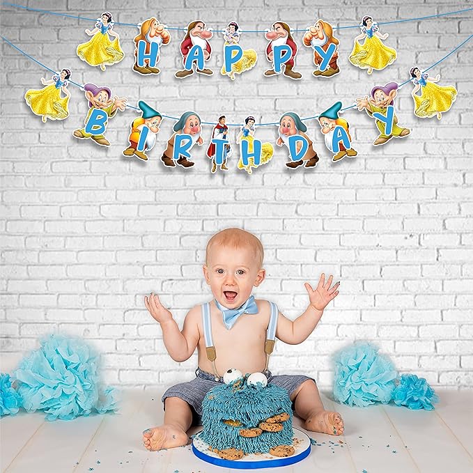 "Snow White and the Sevn Dwafs Happy Birthday Banner – Cartoon Princess Theme Birthday Party Decoration – Colorful Fairy Tale Banner for Girls Birthday Party, Photo Booth,Party Backdrop Décor"