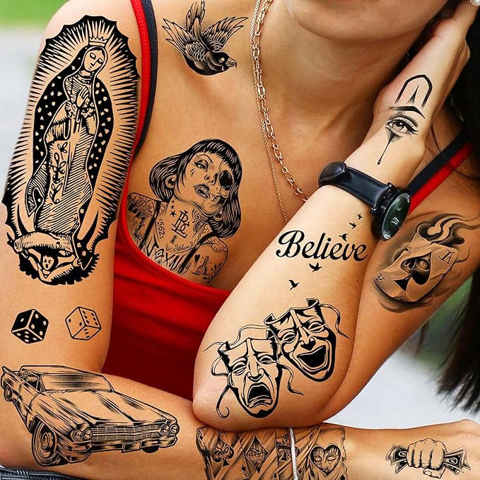 6 Sheets Large Chicano Temporary Tattoos For Men Women Adult, Chicana Guadalupe Gangster Fake Tattoos Prisoner Day of the Dead, Halloween Mexico Tattoo Stickers, Tatuajes Temporales Autocolante