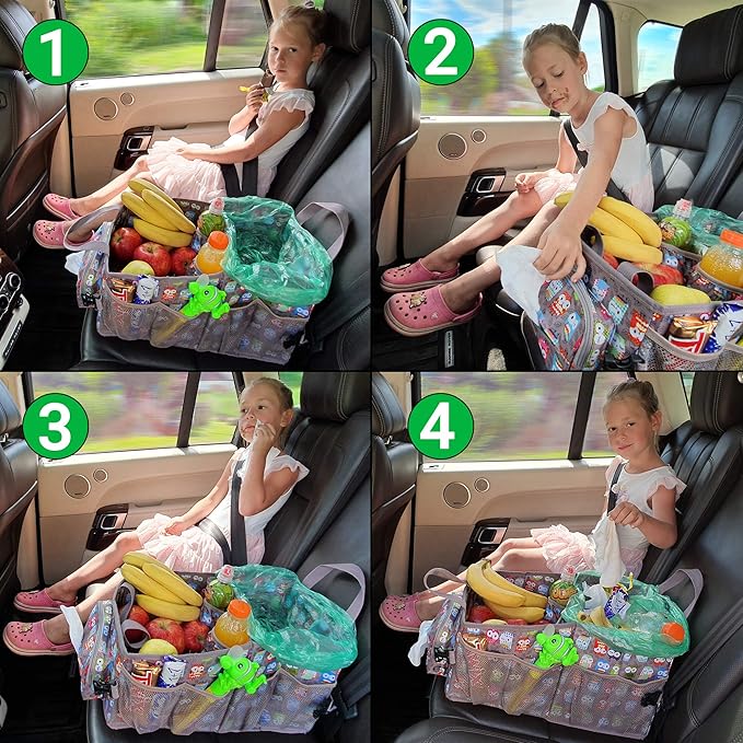 Easy-to-Reach Kids Car Organizer with Tissue Box and Cup Holder for Back Seat, Front Seat, Between Seats, Floor - Tote Car Storage Organization for Toddlers - Kids Road Trip Travel Essentials (Black)
