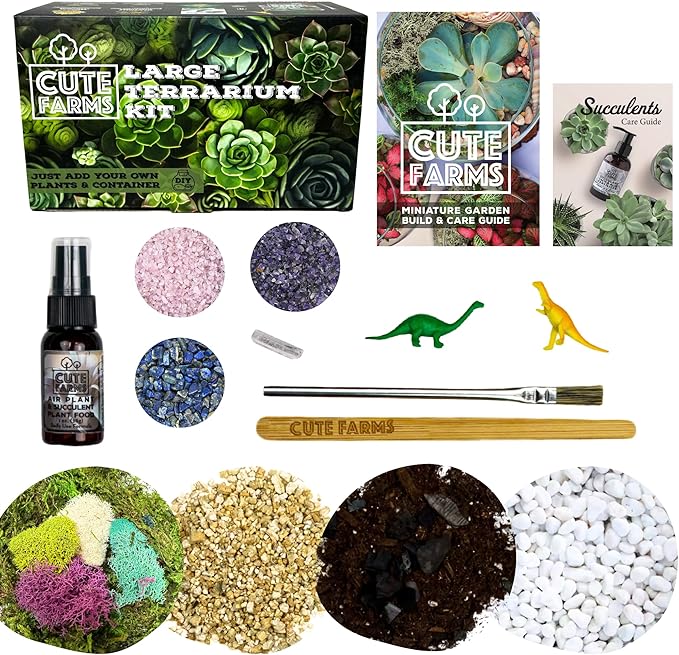 Cute Farms Terrarium Starter Kit | Moss, Vermiculite, Soil, Pebbles, Plant Food, & Finishing Tools (Large Kit + Crystals)