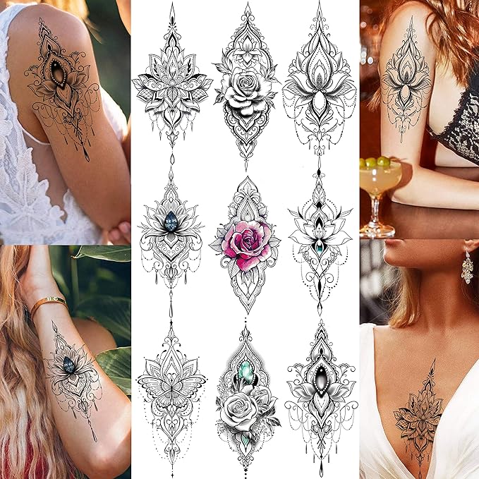32 Sheets Sexy Black Lotus Temporary Tattoos For Women Girls Indian Tribal Lace Tatoo Sticker Neck, Mandala Flower Butterfly Rose Tattoo Temporary Dreamcatcher Elephant Henna Tattoo Kit Adults